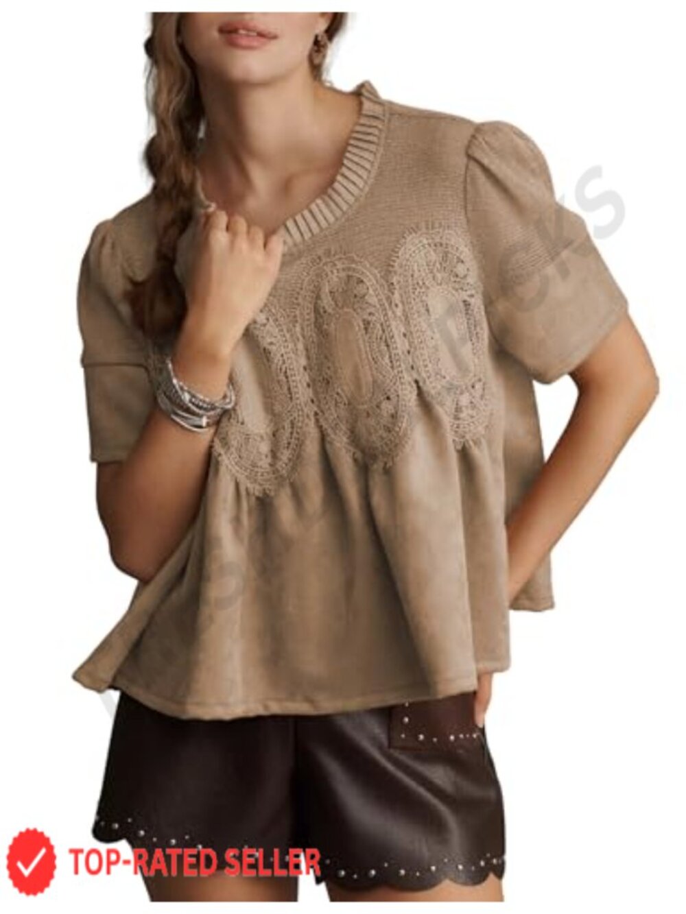 Faux Suede Lace Detail Peplum Babydoll Blouse Short Sleeve